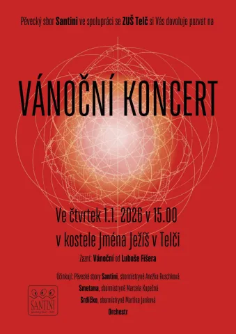 Vánoční koncert v kostele Jména Ježíš ve čtvrtek 1. ledna v 15:00, učinkují pěvecké sbory Santini, Smetana, Srdíčko a připojí se i orchestr.