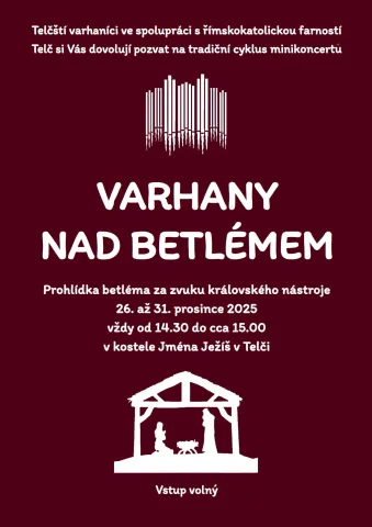 Každý den od 26. do 31. prosince jste zváni na prohlídku betléma v kostele Jména Ježíš za zvuku varhan a dalších nástrojů. Vždy mezi 14.30 a 15.00. Vstup volný.