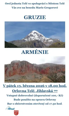Cestovatelská beseda - Gruzie, Arménie -  Marie Gregorové 13. března v 18:00 v orlovně Telč. Jste srdečně zváni.