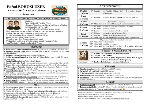 1/2 bohoslužeb farností Radkov – TELČ – Urbanov / Únor 2026